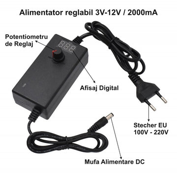 Alimentator Reglabil DC 3V-12V 2A cu Tensiune Ajustabilă – Încărcător pentru Dispozitive Electronice și Proiecte DIY