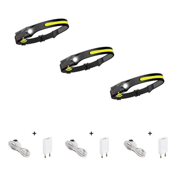 3 részes professzionális flexibilis LED-es fényszórókészlet, erős COB és XPE Led, akkumulátorral, vízállóság, mozgásérzékelő, 4 fénymód, tökéletes horgászathoz, vadászathoz, kempingezéshez, futáshoz, töltővel, fekete