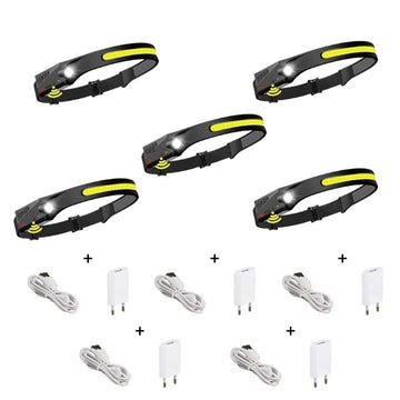 5 részes professzionális flexibilis LED-es fényszórókészlet, erős COB és XPE LED, akkumulátorral, vízállóság, mozgásérzékelő, 4 fénymód, tökéletes horgászathoz, vadászathoz, kempingezéshez, futáshoz, töltővel, fekete