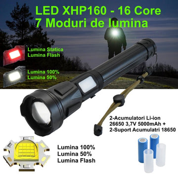 XHP-160/16CORE Professzionális LED zseblámpa, USB töltés, elemmel, akkumulátor kijelző, világítási távolság 500 m, tökéletes horgászathoz, védelem, kempingezés és vadászat, fekete