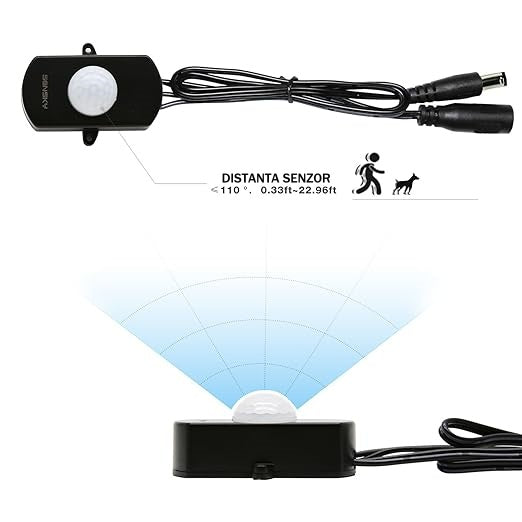 Senzor de Miscare si Comutator de Lumina, Temporizator, Comutator Automat in Infrarosu, Pornire Oprire Lumina in Aer Liber cu Mufa DC, 5V 12V 24V, Negru - Frize