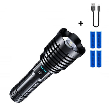 Lanterna Profesionala VTM.® cu Led, Incarcare Type-C, 4 Acumulatori Inclusi, Afisaj Baterie, Distanta de Iluminare 1500M, Perfecta Pentru Pescuit, Protectie, Camping si Vanatoare, 27cm, Negru