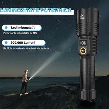 VTM.® Professzionális LED zseblámpa, C típusú és USB töltés, elemmel, akkumulátor százalékos kijelző, világítási távolság 1000 m, tökéletes horgászathoz, védelemhez, kempingezéshez és vadászathoz, 33 cm, fekete