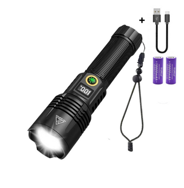 Lanterna Profesionala VTM.® cu Led, Incarcare Tip C si USB, Acumulatori Inclusi, Afisaj Procentaj Baterie, Distanta de Iluminare 1000M, Perfecta Pentru Pescuit, Protectie, Camping si Vanatoare, 33cm, Negru