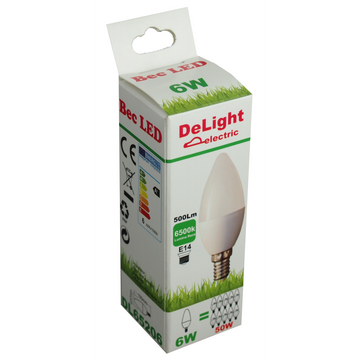 Led gyertyakörte E14, modell C37, 6W=50W, 6500K, hideg fény