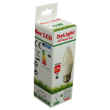 Led Candle Bulb E27, modell C37, 6W=50W, 2700K, meleg fény
