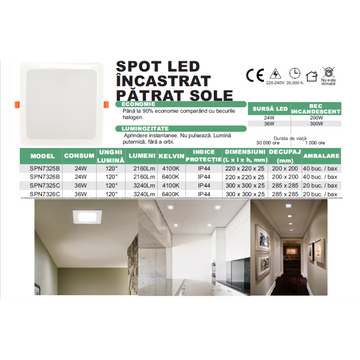 Spot LED Îngropat Pătrat 300x300mm, 36W, 6400K – Lumină Rece pentru Iluminat Interior, Birou sau Spații Comerciale