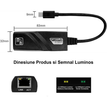 Adaptor LAN Ethernet Gigabit UTP la USB Tip C – Conexiune Rapidă 1000Mbps pentru Laptopuri, PC-uri și Dispozitive Mobile