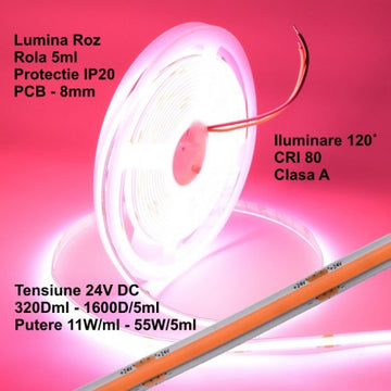 Bandă COB LED 24V - 8mm / 320 LED-uri/ml - 11W/ml, Roz - Interior IP20 – Rola de 5m