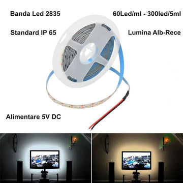 Banda LED 2835 - 5V Exterior, Alb-Rece, IP65, 60 LED-uri pe Metru - Rola de 5 Metri