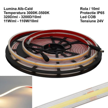 Banda Led 320 Cob - 24V - 10mm Alb-Cald 3500K, IP65 Exterior - Rola/10ml