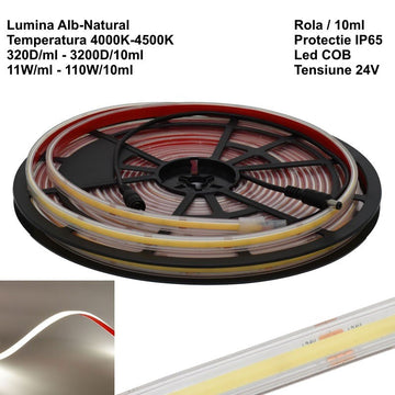Banda Led 320 Cob - 24V - 10mm Alb-Neutru 4500K, IP65 Exterior - Rola/10ml