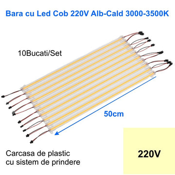 Bara cu Led COB 220V Alb-Cald 3500K, 50cm x 10buc/set