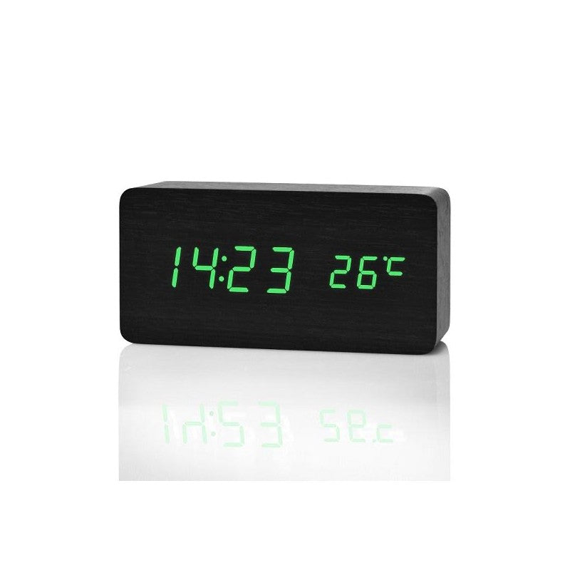 Ceas 1299 Lemn Negru si Led Verde, 15x7x4cm - Frize
