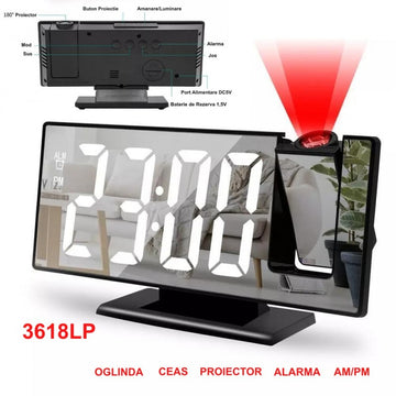 Ceas cu Oglindă și Proiecție 3618LP Alb – Afișaj Digital pentru Birou sau Dormitor
