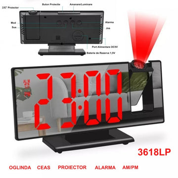 Ceas cu Oglindă și Proiecție 3618LP Roșu – Afișaj Digital pentru Birou sau Dormitor