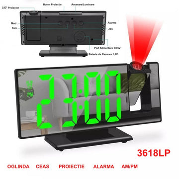 Ceas cu Oglindă și Proiecție 3618LP Verde – Ceas Digital pentru Birou sau Dormitor cu Afișaj Clar
