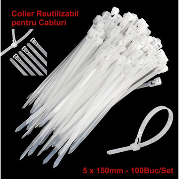 Colier de Plastic Reutilizabil 5x150mm Alb - 100Buc/Set
