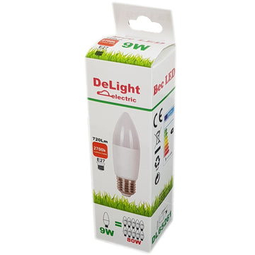 Led Candle Bulb E27, modell C37, 9W=80W, 2700K, meleg fény