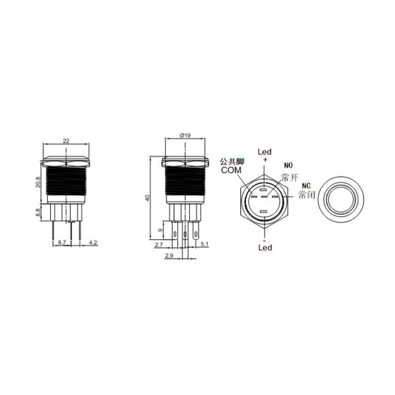 Push Buton Negru 19mm/Led Rosu - Frize