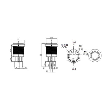 Push Buton Negru 19mm/Led Rosu - Frize
