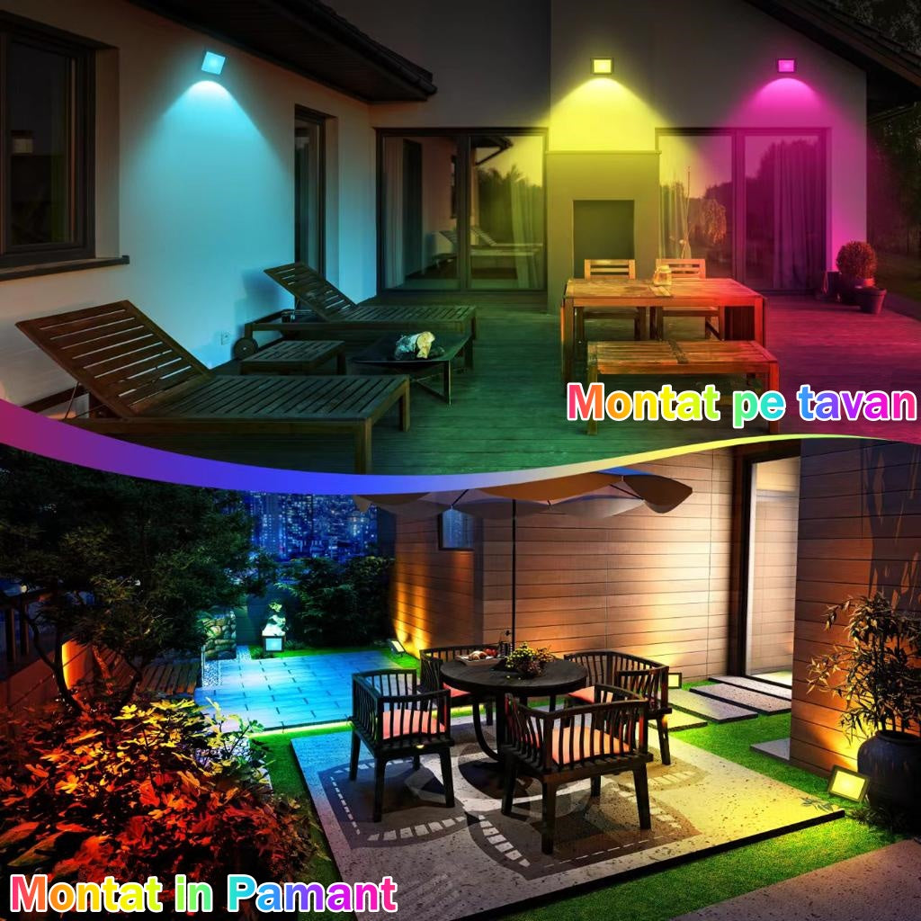 Set 4 Bucati Proiector LED RGB Inteligent, Aplicatie, Interior/Exterior, Rezistent la Apa, Control Din Telefon Prin Internet, Sincronizare Muzica, Telecomanda, Mod Programare Lumini, 15W/buc, Negru - Frize