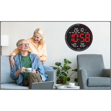 Digitális falióra piros LED fénnyel, másodlagos, naptár, hőmérséklet, hőmérő, stopper, távirányító, páratartalom kijelző, 28 cm