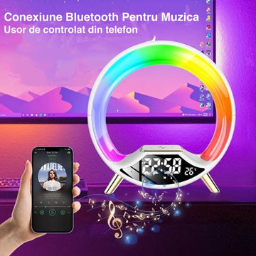 Lampa Smart VTM.® cu Incarcare Wireless, Boxa Bluetooth, Radio, Control din Aplicatie, RGB, Functie de Apel, Luminozitate Reglabila, Alarma, Ecran LED, Alb - Frize