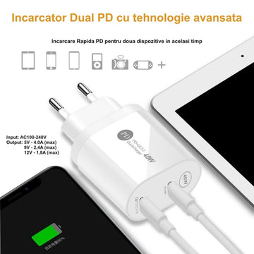 Incarcator Rapid VTM. Compatibil cu Apple/Samsung/Huawei/Motorola/Xiaomi, 40W Dual PD Tip C - 20W+20W, Alb