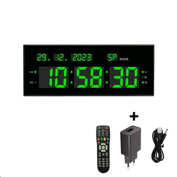 Ceas Digital cu Cronometru de Masa si de Perete cu Lumina Led Verde, Calendar, Timer, Alarma, Luminozitate Adjustabila, 32x12cm