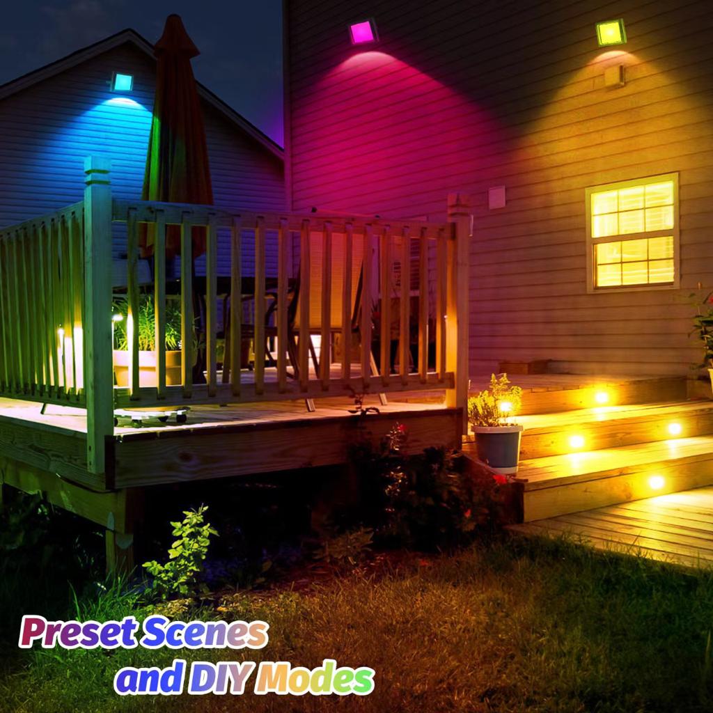 Set 4 Bucati Proiector LED RGB Inteligent, Aplicatie, Interior/Exterior, Rezistent la Apa, Control Din Telefon Prin Internet, Sincronizare Muzica, Telecomanda, Mod Programare Lumini, 15W/buc, Negru - Frize