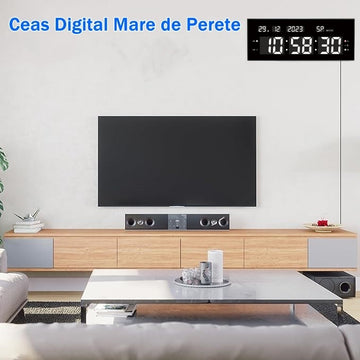 Digitális óra asztali és fali stopperórával fehér LED fénnyel, naptárral, időzítővel, ébresztővel, állítható fényerővel, 32x12 cm