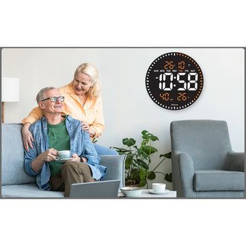 Digitális falióra narancssárga LED fénnyel, másodlagos, naptár, hőmérséklet, hőmérő, stopper, távirányító, páratartalom kijelző, 28 cm
