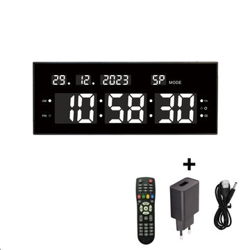 Ceas Digital cu Cronometru de Masa si de Perete cu Lumina Led Alb, Calendar, Timer, Alarma, Luminozitate Adjustabila, 32x12cm