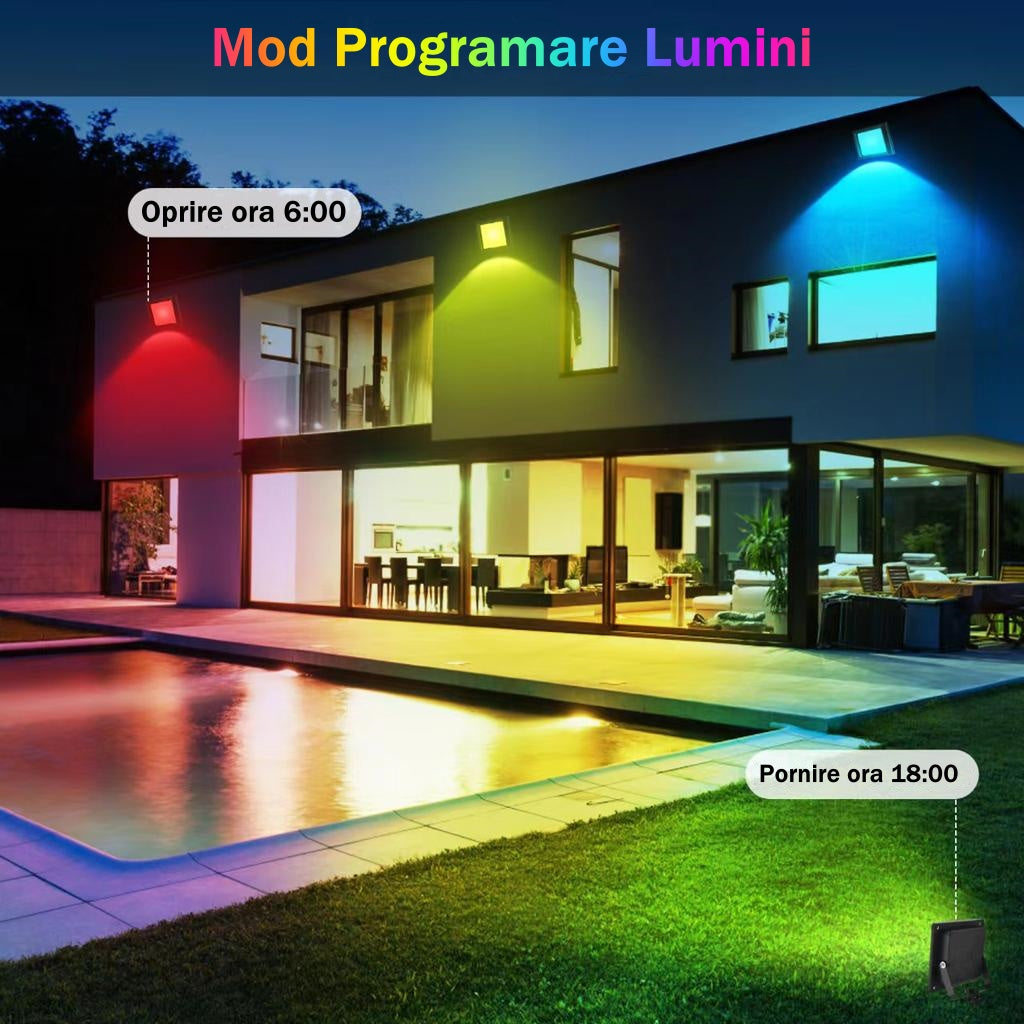Set 4 Bucati Proiector LED RGB Inteligent, Aplicatie, Interior/Exterior, Rezistent la Apa, Control Din Telefon Prin Internet, Sincronizare Muzica, Telecomanda, Mod Programare Lumini, 15W/buc, Negru - Frize