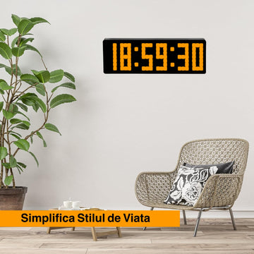 Ceas Digital de Masă și Perete 32cm cu Afișaj LED Portocaliu – Cronometru, Timer, Calendar, Alarmă, Termometru și Funcție Snooze cu Telecomandă