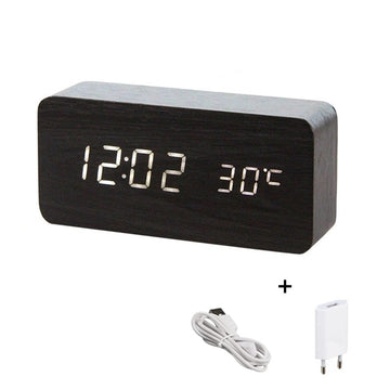 Elektronikus asztali óra fehér LED-del, hőmérő, riasztó, hangvezérlés, 3 fokozatú világítás, 150x70x40 mm, adapterrel, fekete