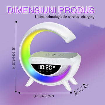 Ceas Digital cu Încărcare Wireless și Boxă Bluetooth – Ecran LED Alb cu Control din Aplicație, Radio, Funcție de Apel, Alarma și Luminozitate Reglabilă