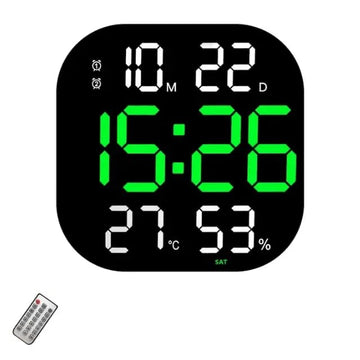 Ceas Digital de Masa si de Perete cu Lumina Led Verde, Cronometru, Calendar, Temperatura, Alarma, Termometru, Functie Snooze, Luminozitate Adjustabila, 32x32cm