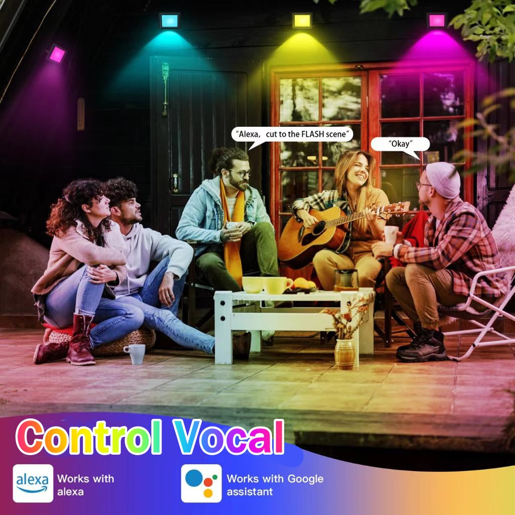 Set 4 Bucati Proiector LED RGB Inteligent, Aplicatie, Interior/Exterior, Rezistent la Apa, Control Din Telefon Prin Internet, Sincronizare Muzica, Telecomanda, Mod Programare Lumini, 15W/buc, Negru - Frize