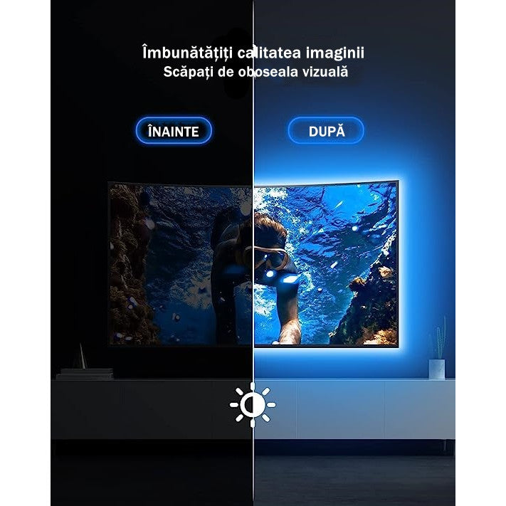 Kit Banda Led RGB pentru TV, Lungime 3M, Iluminare Personalizata cu Banda LED USB, Telecomanda Inclusa, Protectie IP20 - Frize