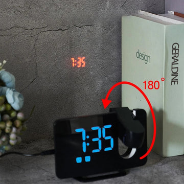 Ceas Digital cu LED Albastru și Proiecție 5M – Alarmă, Radio și Indicator de Temperatură cu Ecran LED Negru, Rotire 180°, Port USB, 2 Niveluri de Luminozitate