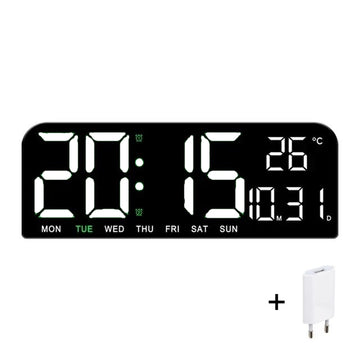 Ceas Digital de Masa si de Perete cu Lumina Led Alb, Calendar, Cronometru, Temperatura, Alarma, Termometru, Functie Snooze, Luminozitate Adjustabila, 24x9cm