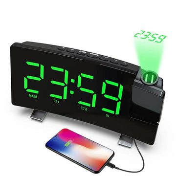 Ceas Digital cu Radio si Proiectie Pana la 5M Inaltime Verde, Rotire la 180°, Alarma, Port Incarcare USB, Temperatura, Ecran LED, 2 Niveluri de Luminozitate, Negru - Ceasuri Moderne