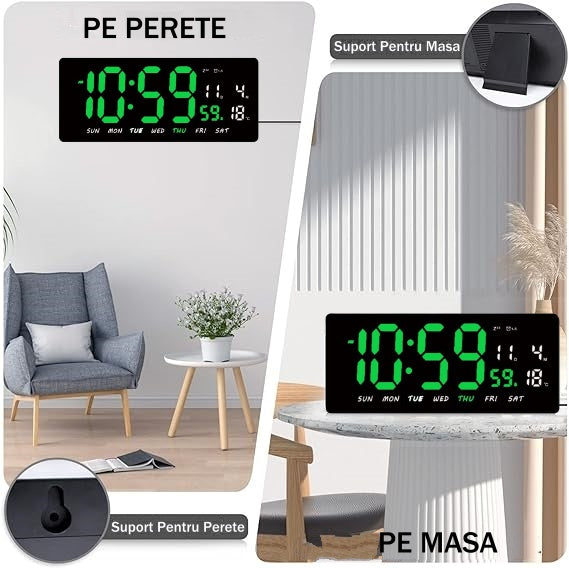 Ceas Digital de Masa si de Perete cu Lumina Led Verde, Tehnologie LED Fara Umbre, Calendar, Temperatura, Alarma, Functie Snooze, Luminozitate Adjustabila, 36x16cm - Frize