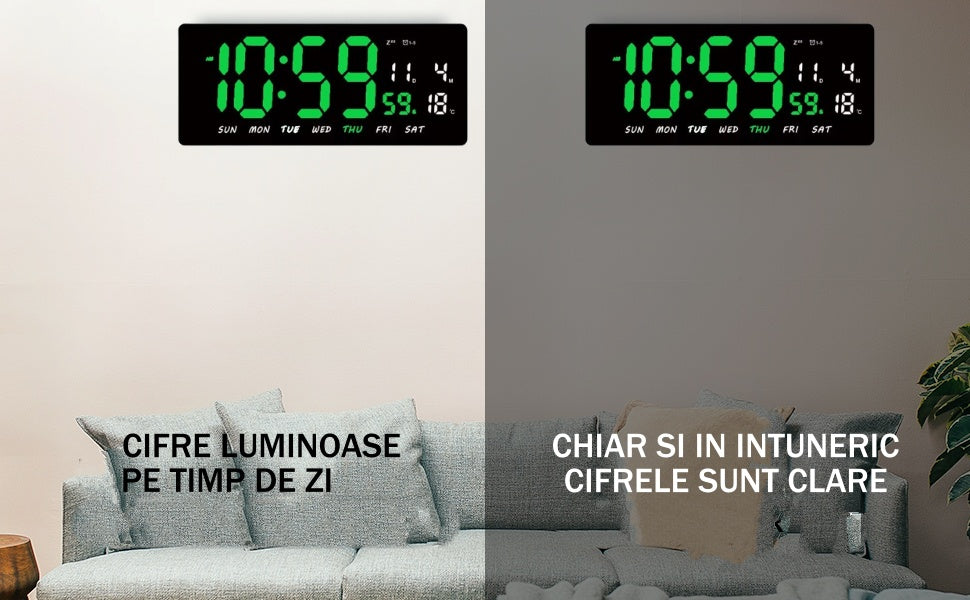 Ceas Digital de Masa si de Perete cu Lumina Led Verde, Tehnologie LED Fara Umbre, Calendar, Temperatura, Alarma, Functie Snooze, Luminozitate Adjustabila, 36x16cm - Frize