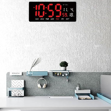 Ceas Digital de Masa si de Perete cu Lumina Led Rosu, Tehnologie LED Fara Umbre, Calendar, Temperatura, Alarma, Functie Snooze, Luminozitate Adjustabila, 36x16cm - Frize