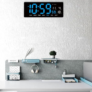 Ceas Digital de Masa si de Perete cu Lumina Led Albastru, Tehnologie LED Fara Umbre, Calendar, Temperatura, Alarma, Functie Snooze, Luminozitate Adjustabila, 36x16cm - Frize