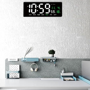 Ceas Digital de Masa si de Perete cu Lumina Led Alb, Tehnologie LED Fara Umbre, Calendar, Temperatura, Alarma, Functie Snooze, Luminozitate Adjustabila, 36x16cm - Frize