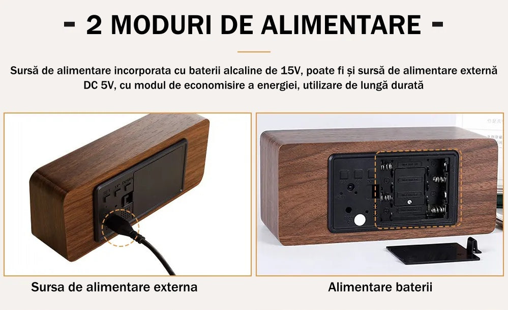 Ceas Electronic de Masa cu Led Rosu, Termometru, Alarma, Control Vocal, 3 Trepte de Lumina, 15x7x4 cm, Negru - Frize